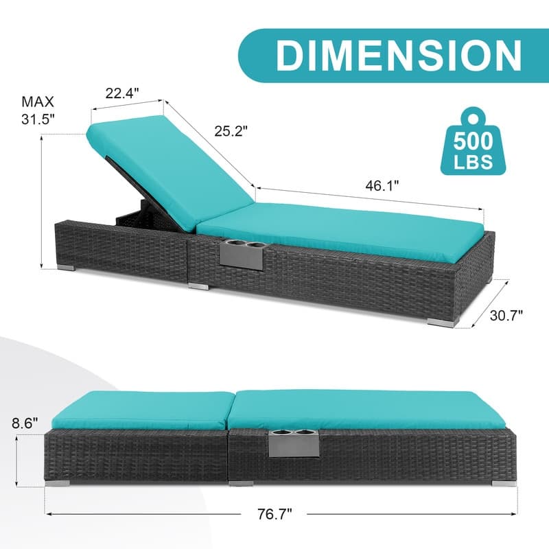 FINCATI Outdoor Oversized Chaise Lounge Chair, 500 lbs Luxury Patio Adjustable 5-Position Wicker Lounger for Pool (Set of 2)