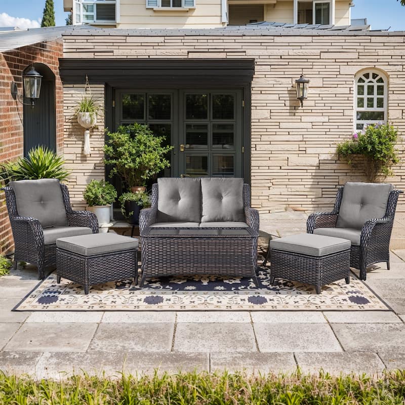 Pocassy 6 Pieces Outdoor 2-Seat Sofa Chairs Table Ottoman - Brown Wicker - Gray cushion
