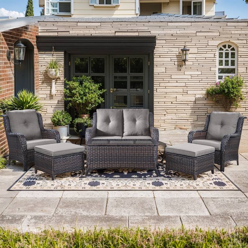 Pocassy Outdoor Sofa Chairs Table Ottoman - 6 Pieces 2-Seat Sofa Chair Table with Ottoman - Brown Rattan Grey Cushion