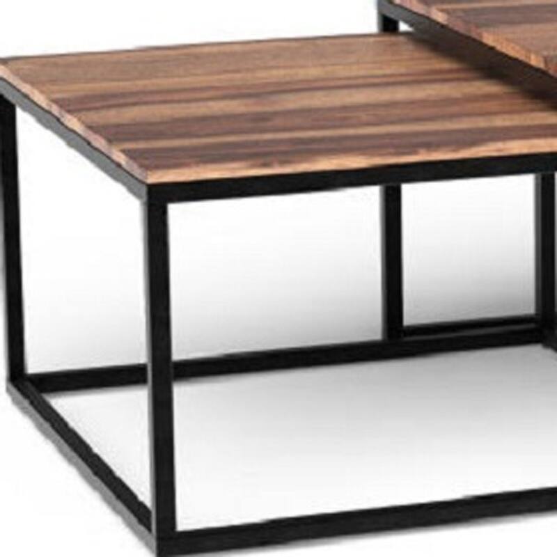 Square Coffee Table with Brown Wood Top and Black Iron Base - 29.5” x 29.5” x 17”