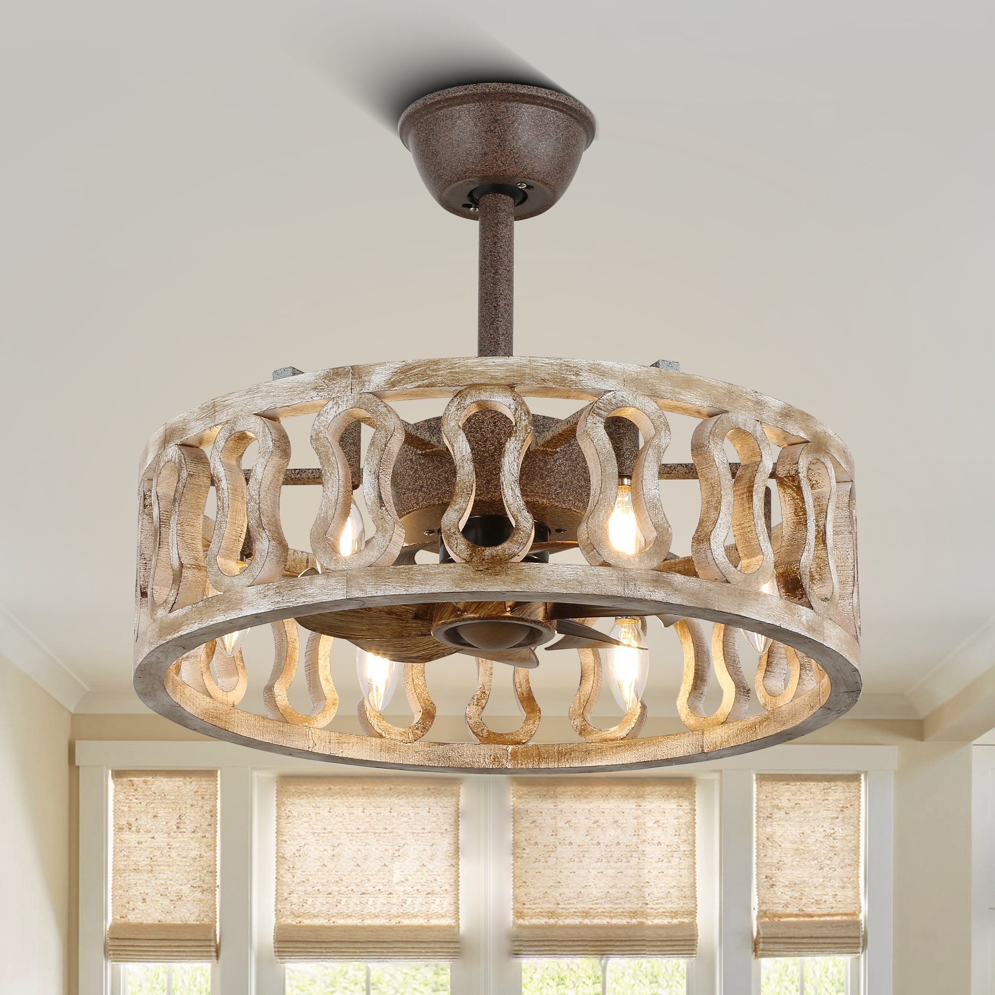 Bella Depot 18" Rustic Distreed Wood Caged Ceiling Fan with Light Kit and Remote Control, 6-Speed Reversible DC Motor