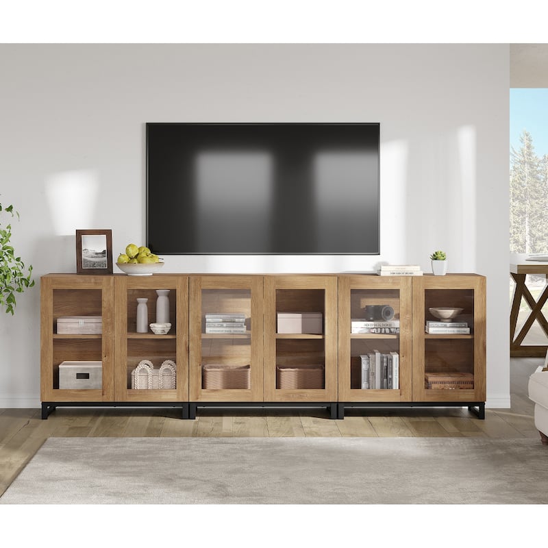 WAMPAT Modern TV Stand with Glass Doors for 110 inch TVs, Entertainment Center Console with Adjustable Shelves and Metal Base - 3PCS - Oak