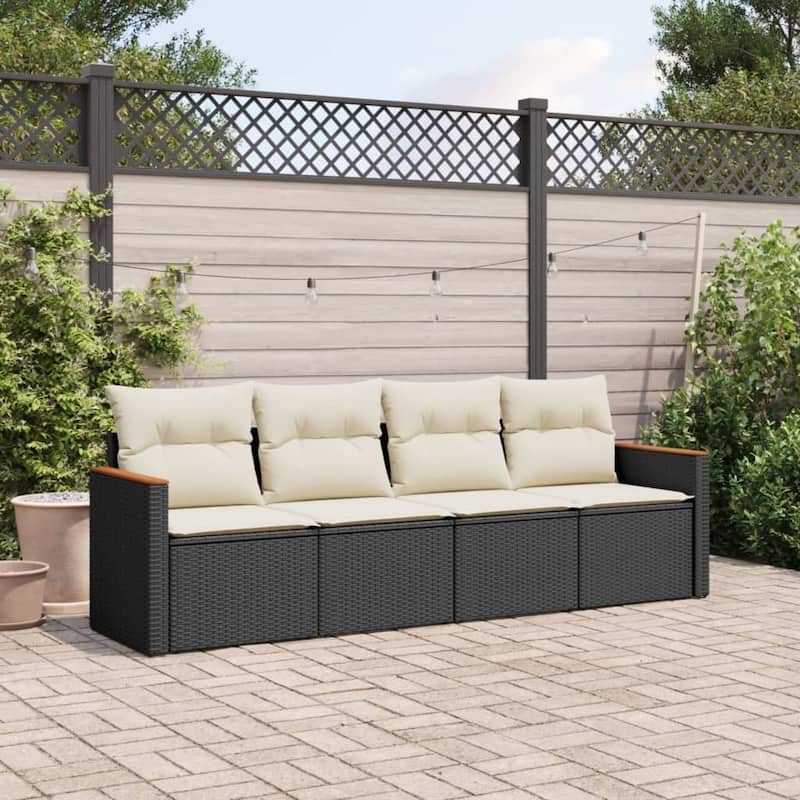 vidaXL Patio Sofa Set with Cushions Outdoor Conversation Furniture Poly Rattan - Black and cream without table - 24.4 x 24.4 x 27.2 in