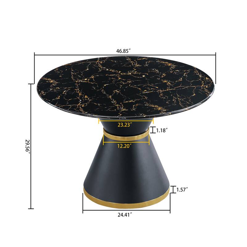 Marble Printed MDF Round Dining Table, Black Columnar Base with Gold Annulus(Not Including Chairs)
