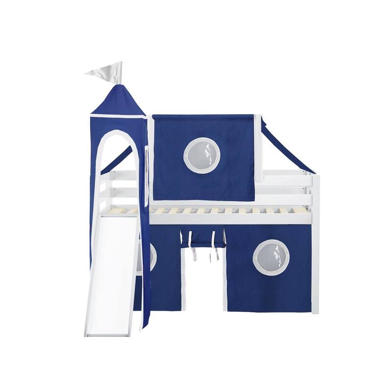 JACKPOT Prince & Princess Low Loft Twin Bed, Ladder Slide Tent & Tower