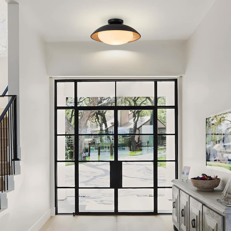 Starsky 1-light 15in. Bowl Ceiling Light Frosted Glass Shade Semi Flush Mount - Black