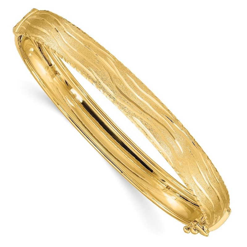 Curata 14k Yellow Gold Sparkle Cut Textured Hinged Cuff Stackable Bangle Bracelet