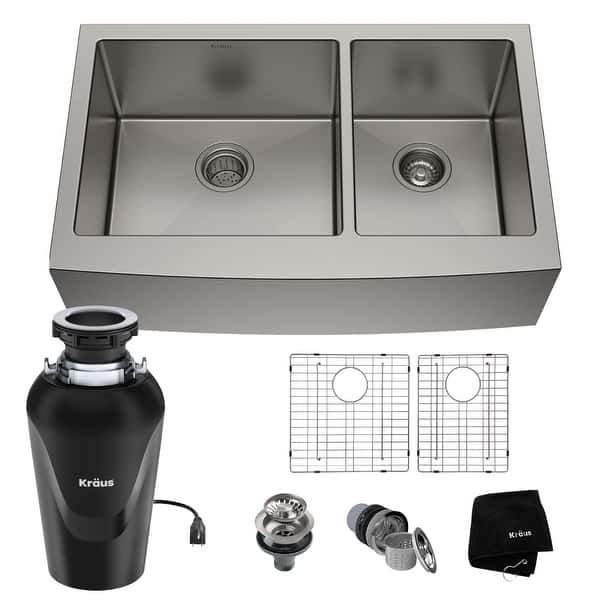 slide 14 of 25, KRAUS Standart PRO Stainless Steel 36 in 2-Bowl Farmhouse Kitchen Sink 35 7/8" x 20 3/4" (sink KHF203-36) w/ KWD100-75MBL