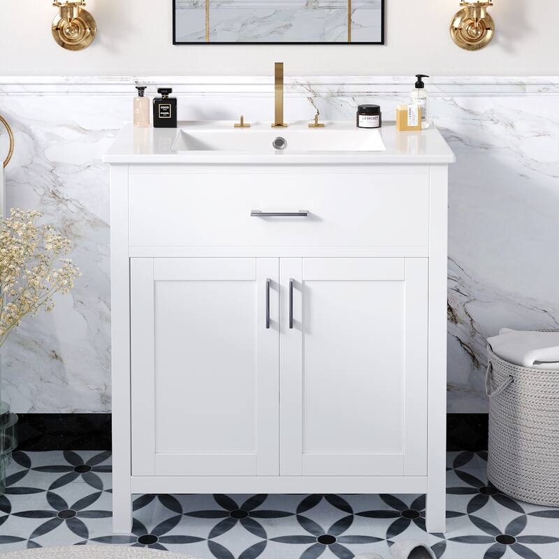 30 in. W x 18.3 in. D x 34 in. H Single Sink Freestanding Bath Vanity in White with White Ceramic Sink - Painted - 30'' x 18.3'' x 34'' - White