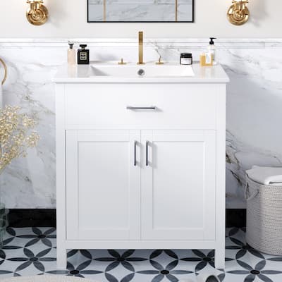 30 in. W x 18.3 in. D x 34 in. H Single Sink Freestanding Bath Vanity in White with White Ceramic Sink