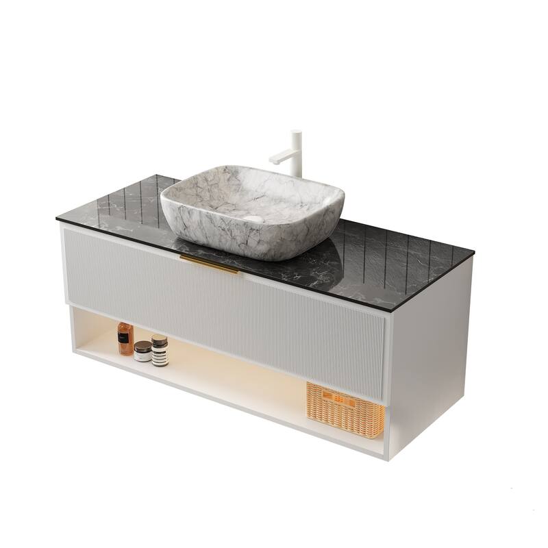 GDFStudio - Malone Modern Floating Bathroom Vanity with Pinstripe Drawers, Open Shelf & Marble Ceramic Basin, WITHOUT Faucet