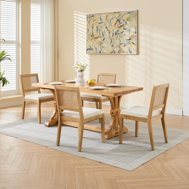 Farmhouse Rattan Dining Chairs Set of 2, Modern Cane Upholstered Side Chair