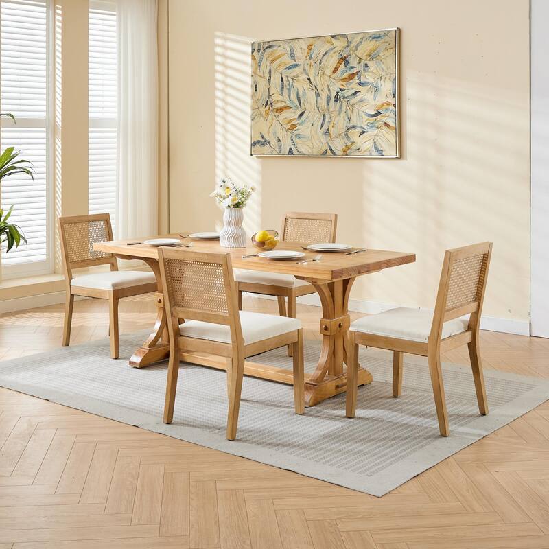 GDF Studio - Harper Mid-Century Farmhouse Wood Rattan Upholstered Dining Chairs - Set of 2