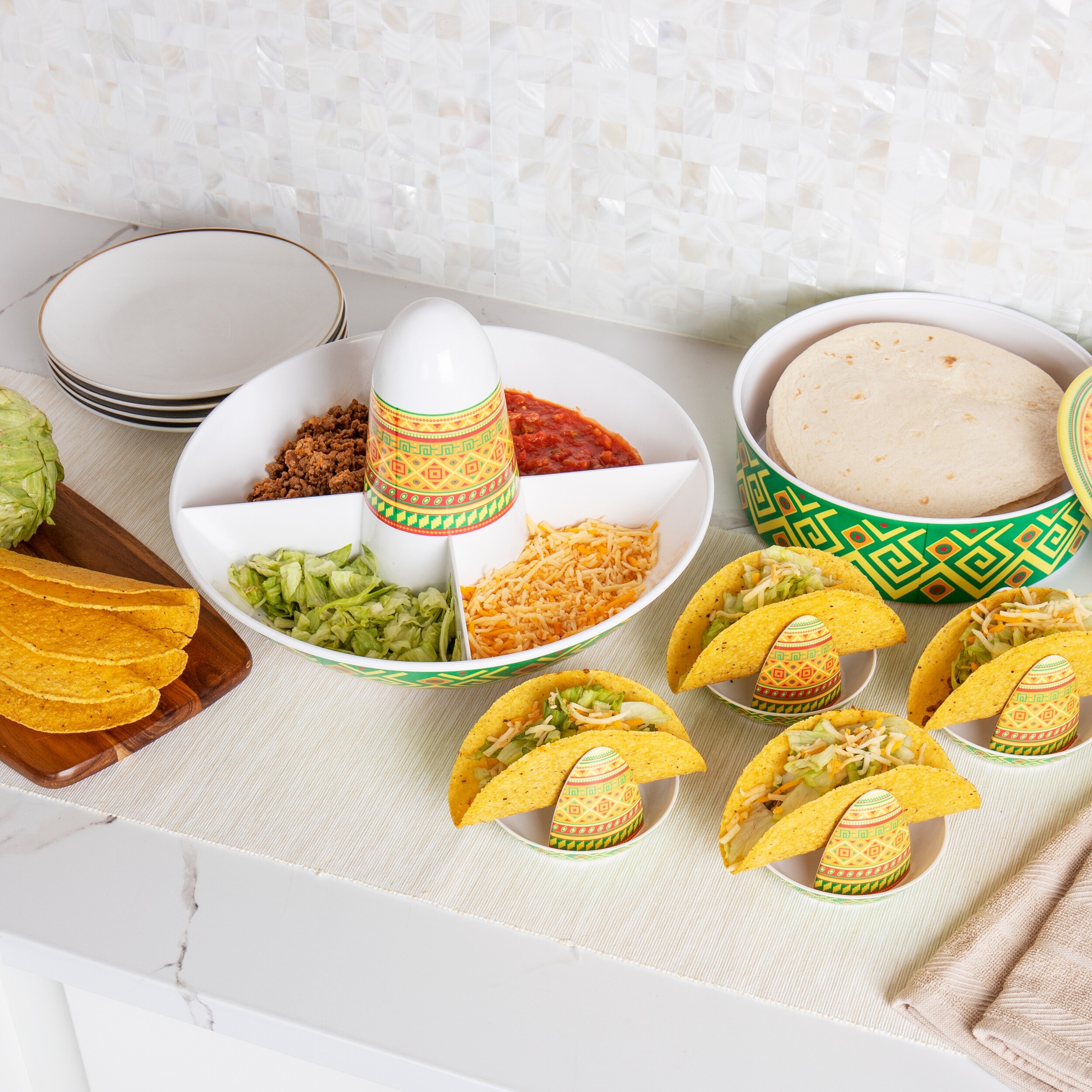 Mind Reader Taco Holders and Divided Serving Carousel Set Taco Tuesday Melamine 12.5 Lx 12.5 W x 8.25 H 5 pcs White 5 Piece