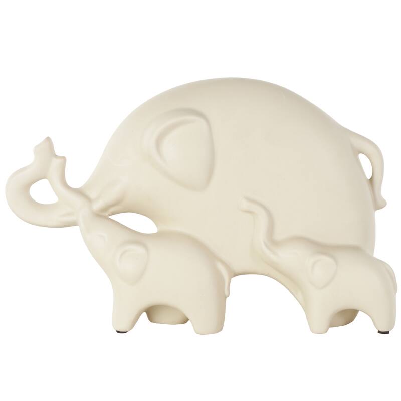 Cream Ceramic Family Elephant Decorative Sculpture with Raised Trunks