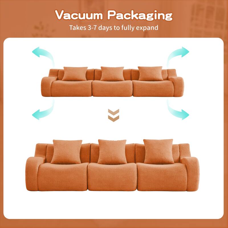 Modern 3-Seater Boneless Sofa, 115.3" Teddy Fabric Couch with Curved Armrests, Anti-Slip Base, No Assembly for Living Room