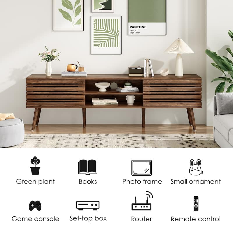 Mid Century Modern TV Stands for up to 70" TV with Storage, Fluted Wood TV Stand for Living Room, Boho Media Console