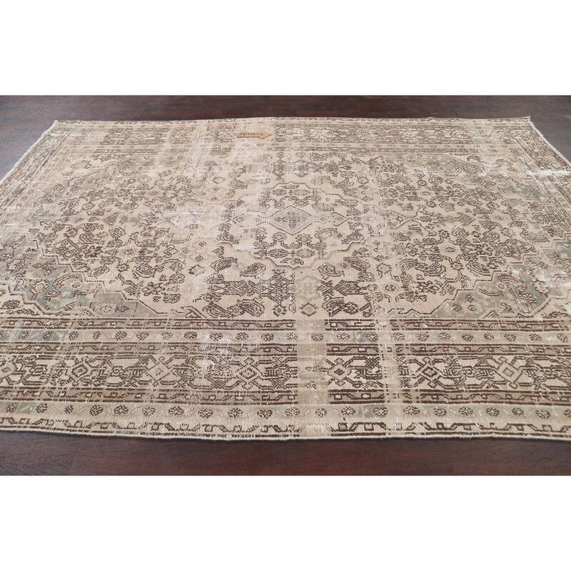 Distressed Geometric Hamedan Persian Area Rug Wool Hand-knotted Carpet - 6'7" x 9'5"