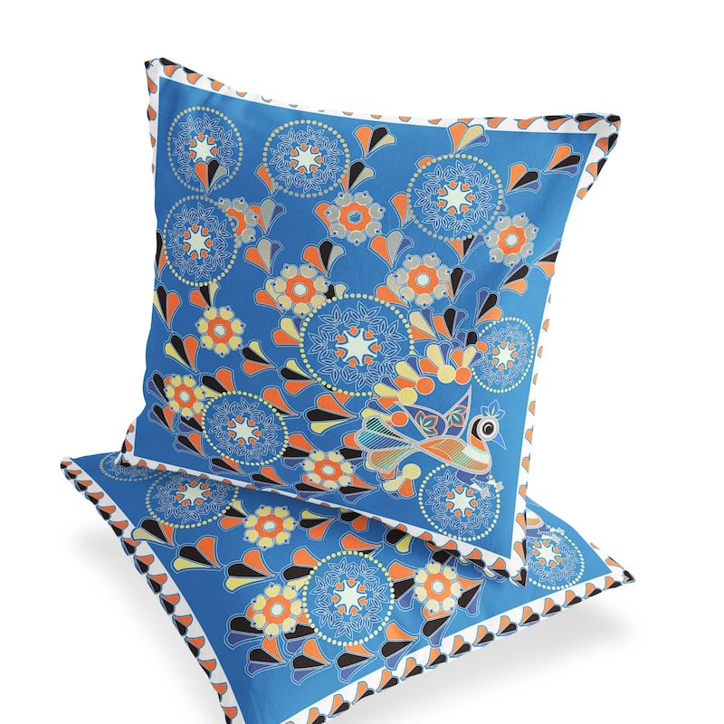 HomeRoots Set of Two 16" X 16" Blue and Orange Peacock Blown Seam Floral Indoor Outdoor Throw Pillow - 16.00' X '16.00' X '5.00