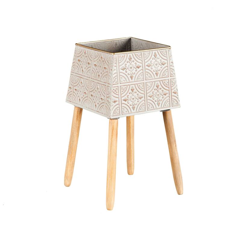 Stamped Metal Geometric Planter with Wooden Legs (Set of 2)