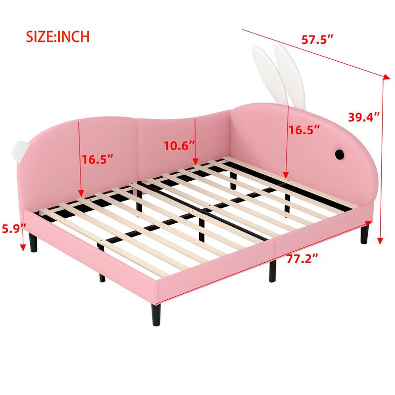Pink Rabbit-Ear Headboard Upholstered Daybed, Full Size Sofa Bed