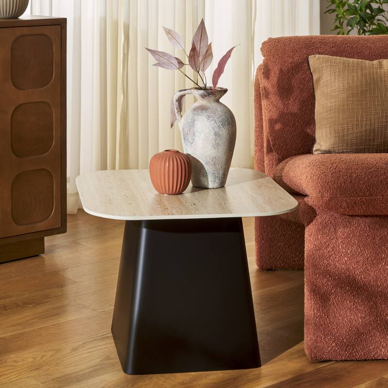 SAFAVIEH Home Fedo Porcelain Side Table - 20"W x 20"D x 16"H - Beige/Black