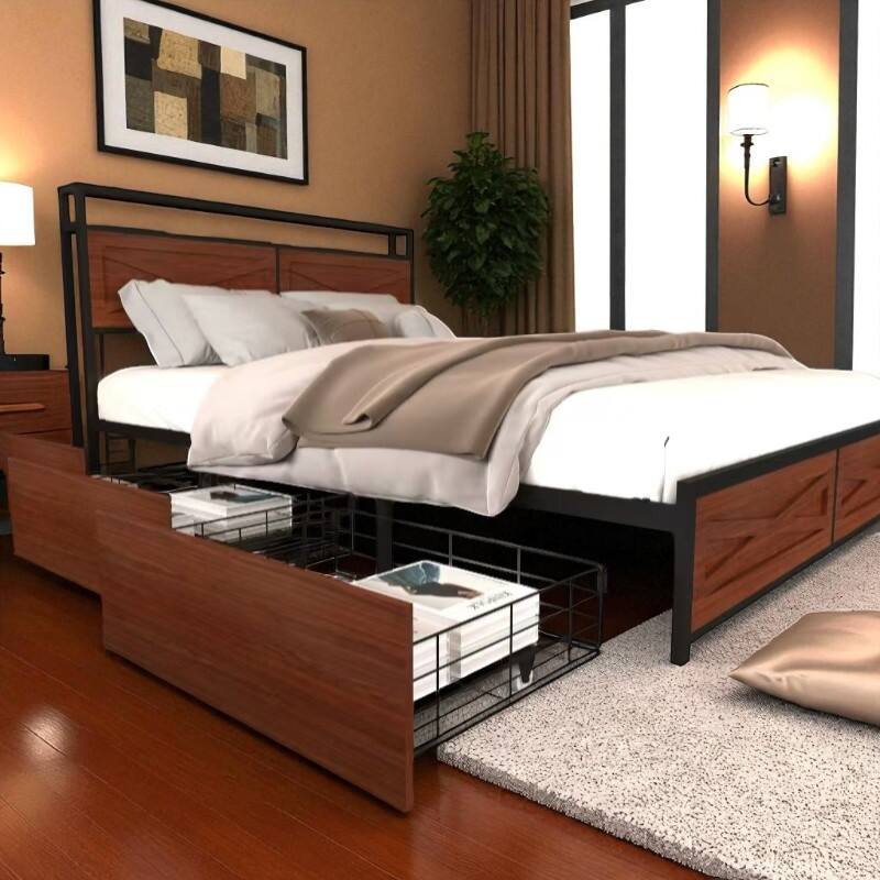 Full/Queen Bed Frame with Storage Headboard, LED Lights, Charging Station, 6 Drawers, No Box Spring Needed
