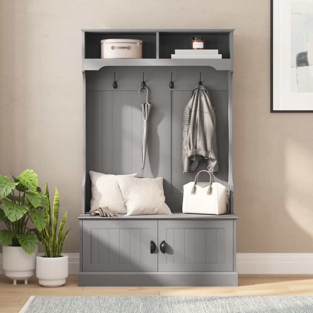 Hall Tree with Storage Bench, Upper Cubbies and 4 Double Coat Hooks - 18.5"D x 39.25"W x 65"H