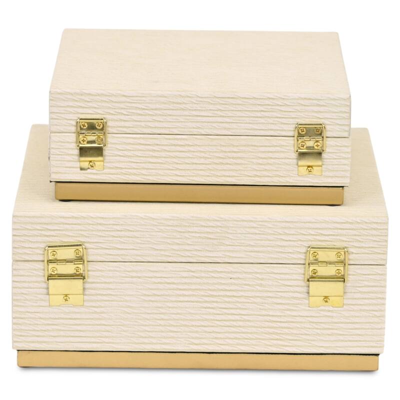 Eira Set of 2 Square Decorative Storage Boxes - Retro Stripe Pattern with Gold Hardware