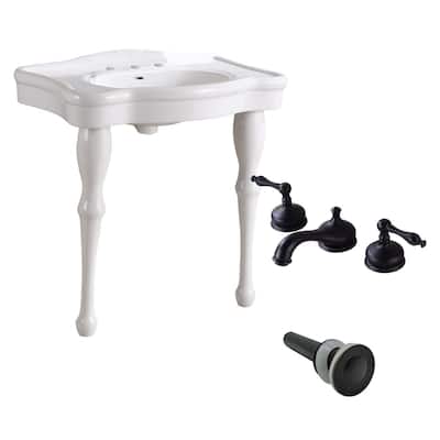 White Ceramic Console Sinks 32.5" Belle Console Sinks with 2 Porcelain Legs, Widespread Faucet and Drain