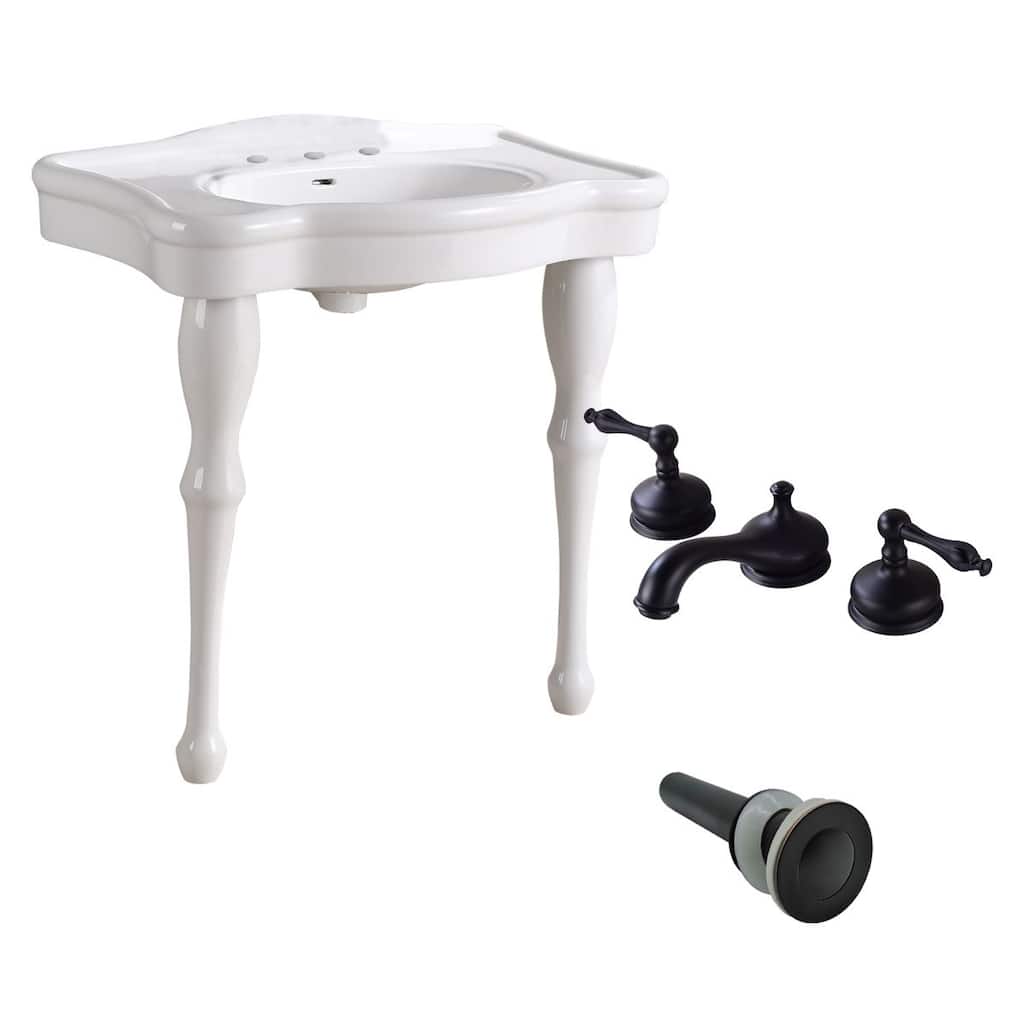 White Ceramic Console Sinks 32.5" Belle Console Sinks with 2 Porcelain Legs, Widespread Faucet and Drain