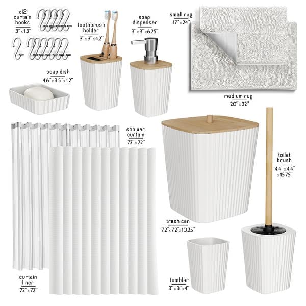 dimension image slide 2 of 3, Clara Clark Bamboo Bathroom Accessories Set with Shower Curtain Set, Toilet Brush, Trash Can & Soap Dispenser