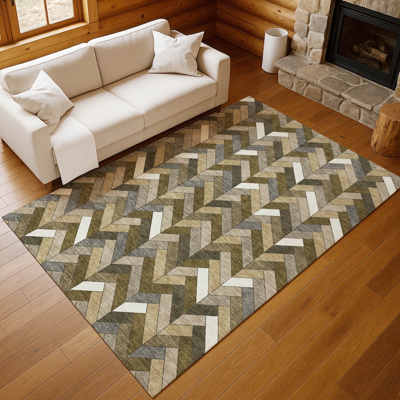 Machine Washable Indoor/ Outdoor Modern Chevron Chantille Rug