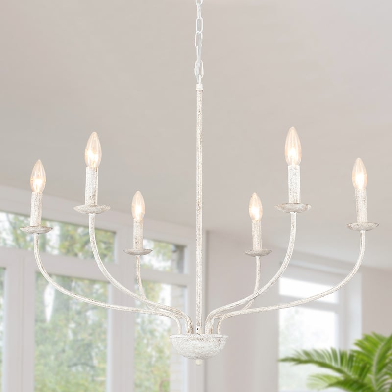 6-Light Vintage Candle Chandelier Light for Dining Room Bedroom Kitchen - Distressed White