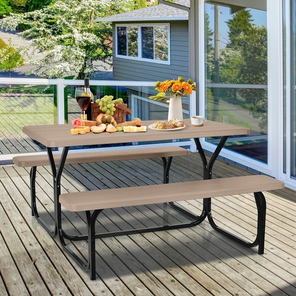 slide 2 of 16, Costway Picnic Table Bench Set Outdoor Backyard Patio Garden Party - See Details Brown