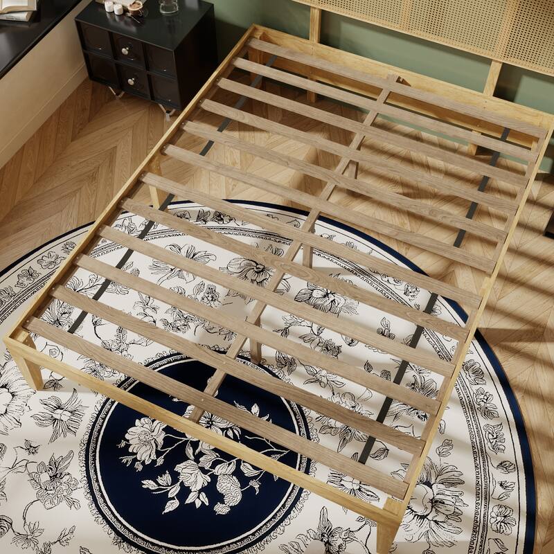 Solid Wood Bed Frame with Rattan Headboard - Natural Finish Platform Bed