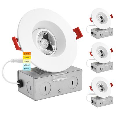 Luxrite 3" Gimbal LED Recessed Light with J-Box, 8W, 5 Color Selectable, 600 Lumens, Dimmable, Damp Rated 4 Pack