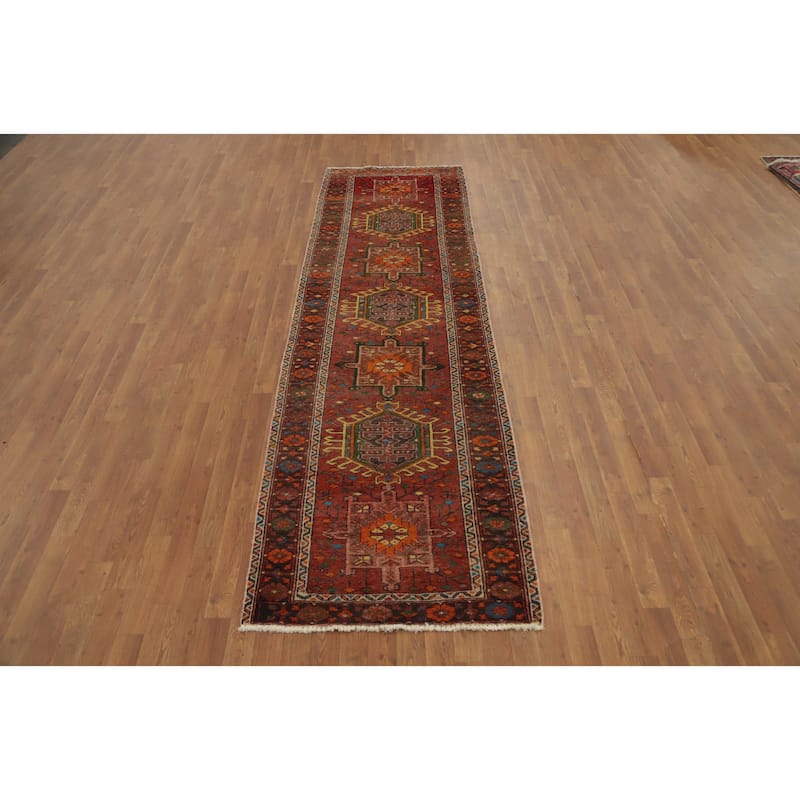 Hand Knotted Oriental 100% Wool Carpet Traditional Geometric Oranges & Rust Heriz Runner Rug - 10' 7'' X 3' 1''