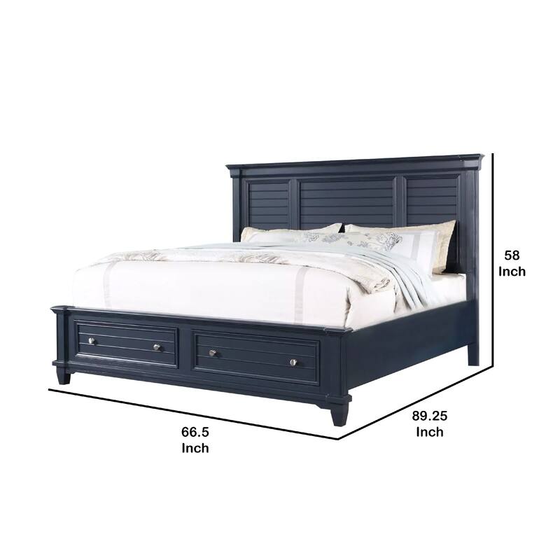 Zeny Queen Bed with Storage Drawers, Panel Headboard, Blue Wood