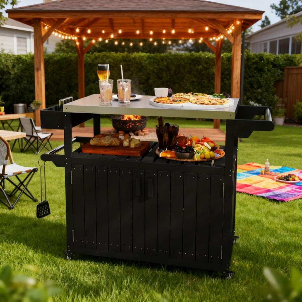 GDFStudio - Cedar Outdoor Wheeled Bar Cart with Heavy Duty Stainless Steel Top and Multi Storage - 45.7"
