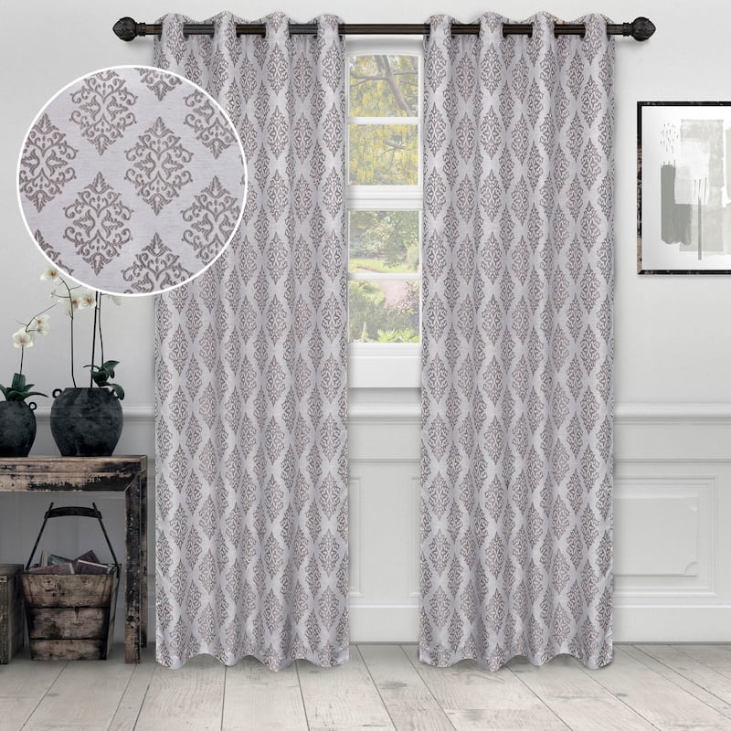 Superior Venetian Damask Jacquard Embroidered Washable Curtains, Set of 2 - 52" x 63" - Nickel