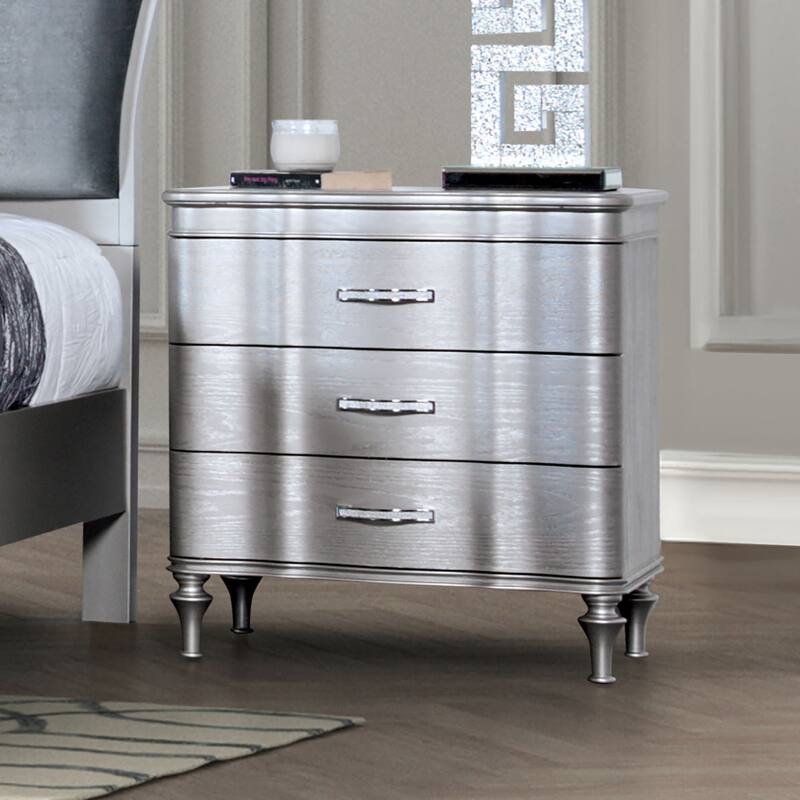 Glam Stylish Modern Silver 1pc Nightstand Solidwood Turned Wood Leg Curved Front Panels Bedroom Furniture Bedside