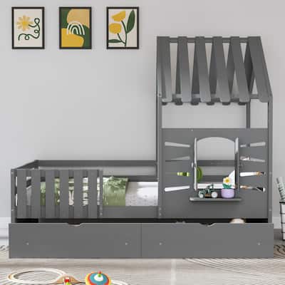 Twin Size House Bed Frame with 2 Storage Drawers and Guardrails, Wooden Playhouse Bed with Roof and Window