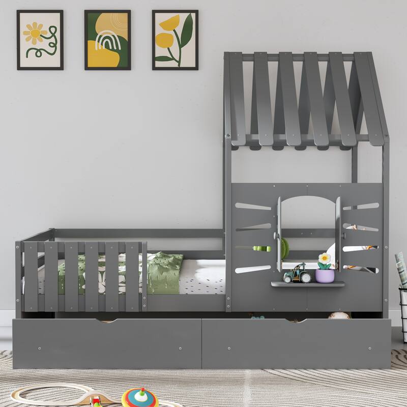 Twin Size House Bed with Guardrails, Storage Drawers, Roof, and Window Design