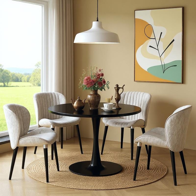 Grondin Mid-Century Modern Round Kitchen or Dining Table with Premium MDF Top and Steel Pedestal Base for Dining Room
