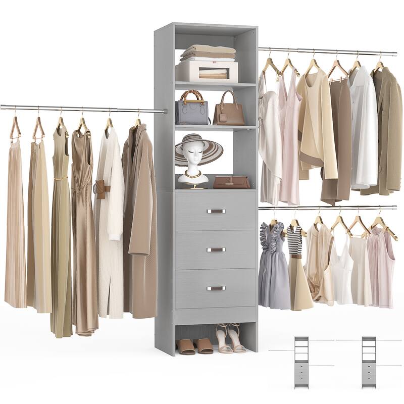20.2'' - 96'' W Closet Organizer with Drawers, Closet System with Hanging Rods and Adjustable Shelves