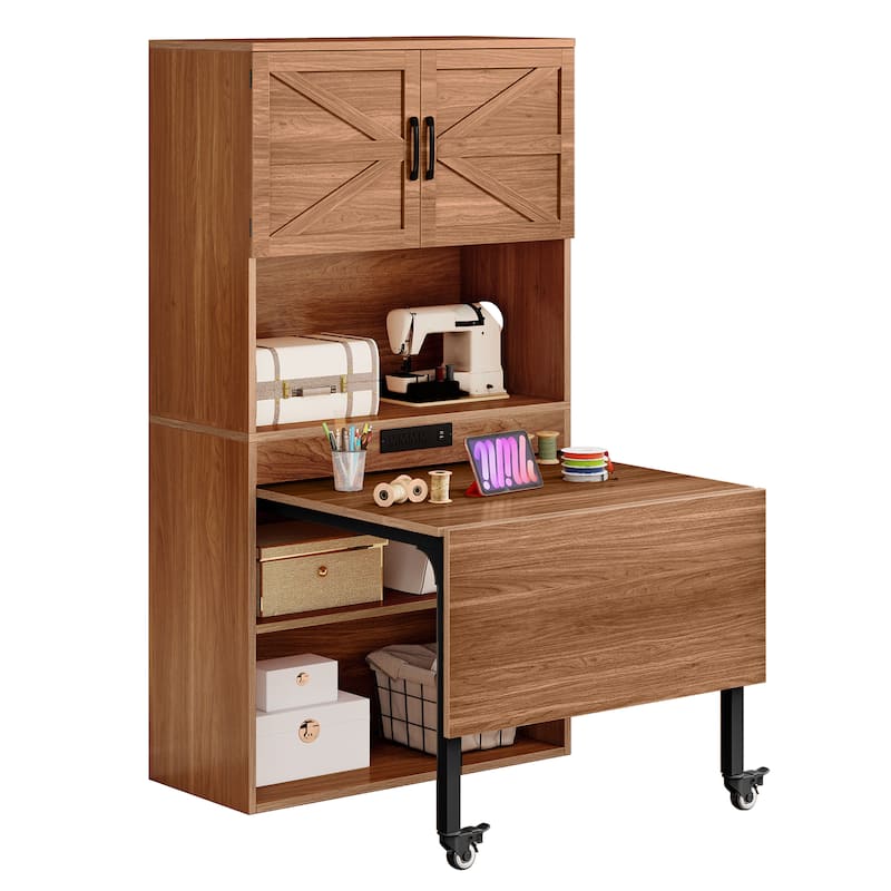 Moasis Expandable Crafting Table with Storage, Artwork Sewing Table with Cabinet and Magnetic Doors & Power Outlets - Brown