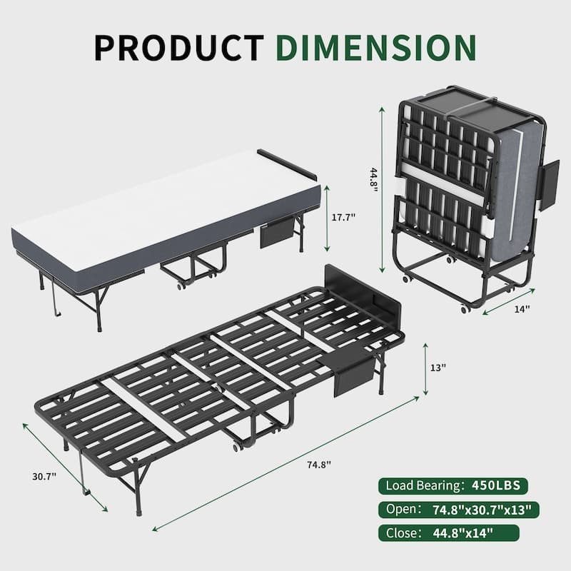 75" Folding Bed with Adjustable Headboard & 5" Memory Foam, Space Saving Rollaway Guest Bed for Tall People, Twin Cot on Wheels