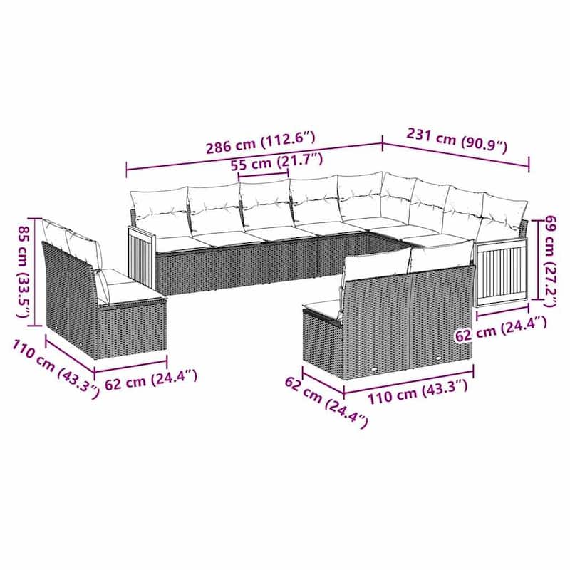 vidaXL Patio Sofa Set with Cushions Outdoor Conversation Furniture Poly Rattan