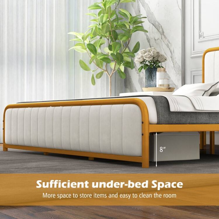 Upholstered Gold Platform Bed Frame with Velvet Headboard